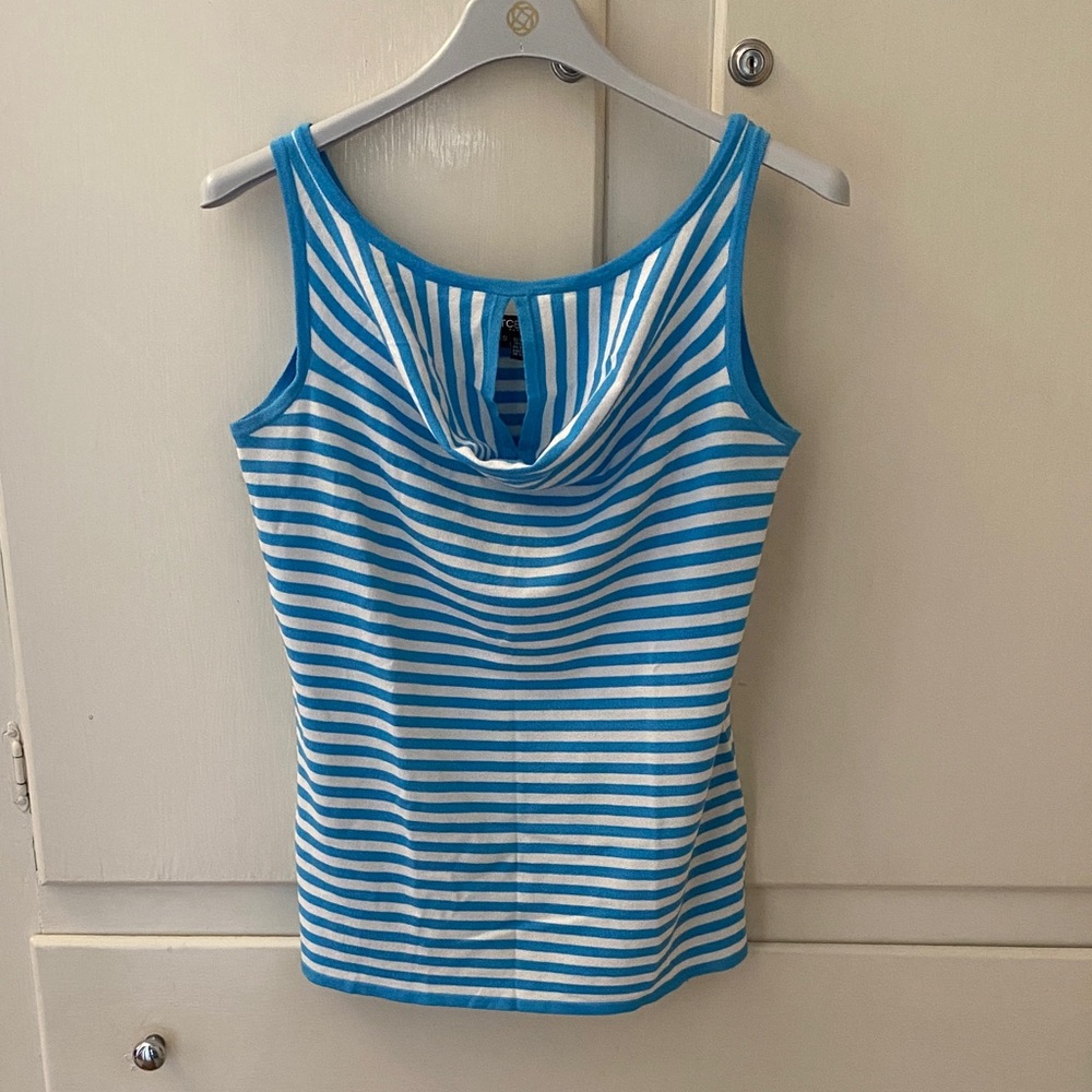 Etcetera Blue White Stripe Sleeveless Drape Neck Sweater Knit Top Tee Size XS